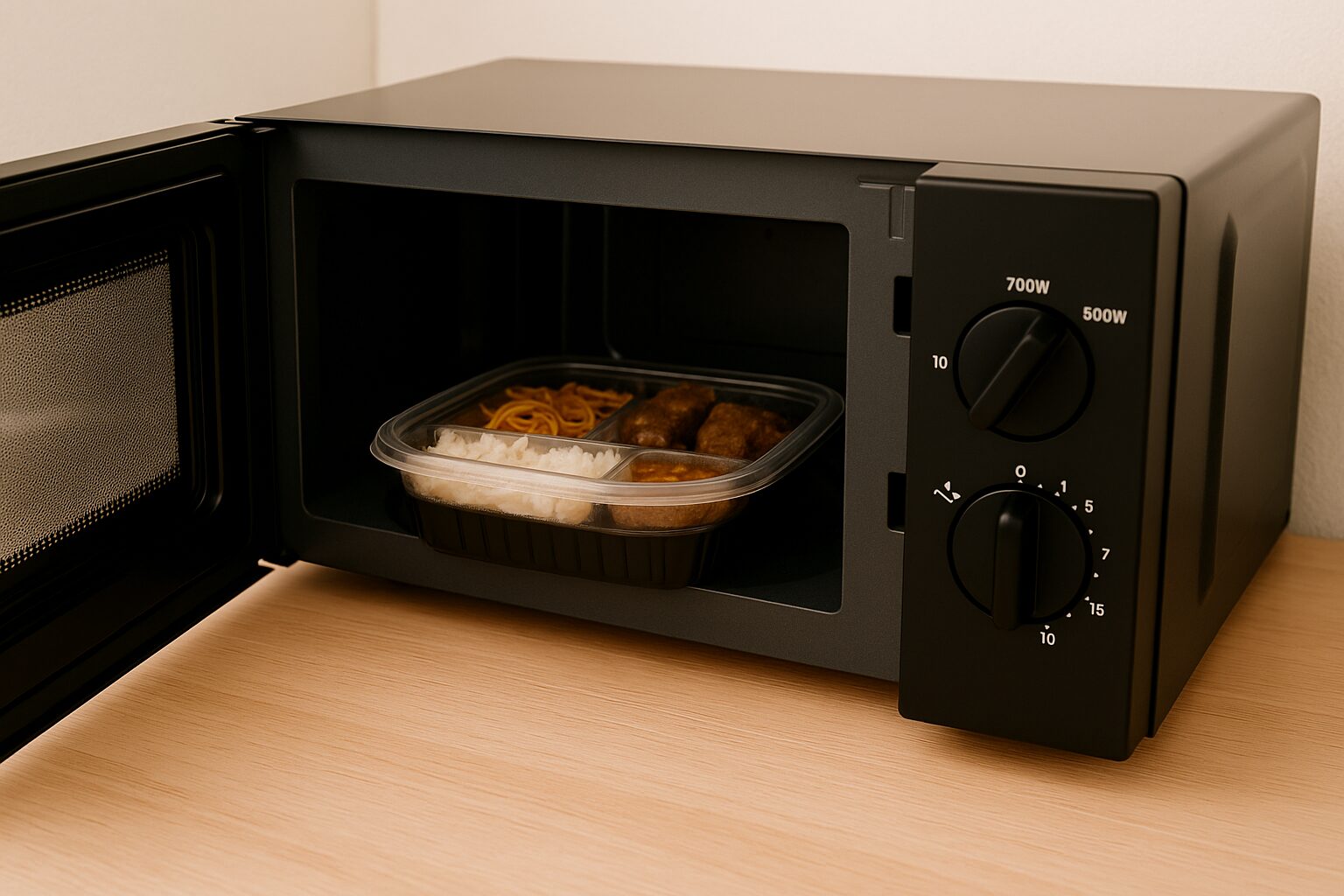 電子レンジで温め中のコンビニ弁当