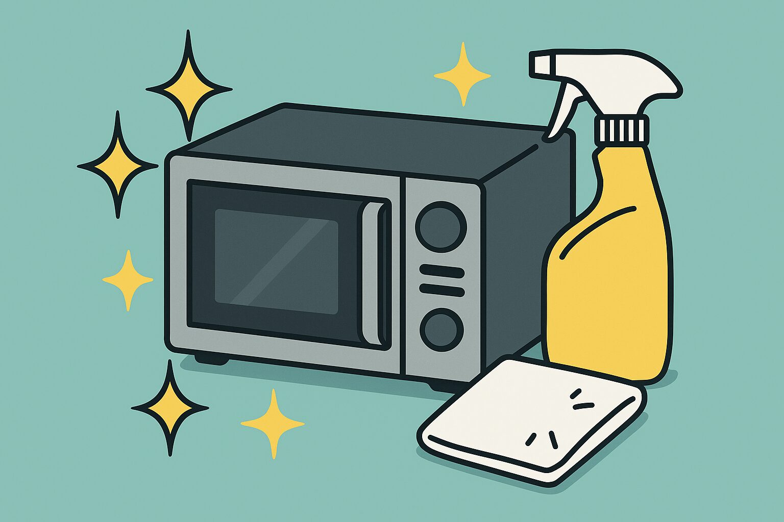 清潔に保たれた電子レンジと掃除用の道具が並んでいるイラスト。電子レンジを長持ちさせるための掃除や手入れをイメージしている。